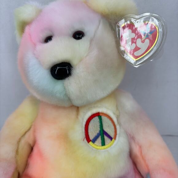 Ty Beanie Buddies Peace Bear Plush Pastel Tie Dye 1999 VTG With Tags 14 Inch - Picture 2 of 10